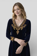 Women's Ethnic Maxi Dress in Navy Blue with Fringes and Split Neckline