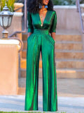 Women’s V-Neck Jumpsuit – 3/4 Sleeve Wide Leg One-Piece