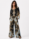 Timeless Baroque-Style Ornate Floral Print Top with Wide-Leg Trousers – Casual Suit Set
