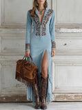 Women's Elegant Western Half-Zip Faux Suede Maxi Dress with Stylish