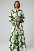 Women's Elegant Printed Maxi Dress with Long Sleeves and a V-Neck