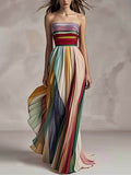 Women's Elegant Maxi Striped Dress with Sheer Neckline and Pleats