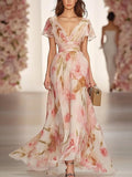 Women's Casual Maxi Dress with Floral Print, V-Neck and Short Sleeves