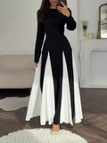 Women's Elegant long-sleeve dress with a round neck and colorblock
