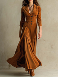 Women's Elegant Vintage Brown Velvet Long Dress with Sophisticated