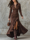 Women's Long vintage brown dress with irregular ruffles and elegant