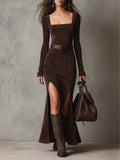 Women's Elegant long maxi dress in dark brown faux suede with square