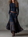 Women's Vintage Maxi Suede Dress with Plaid Navy Pattern and Belt for