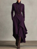 Women's Pink Maxi Asymmetric Dress with High Collar and Pleats