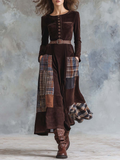 Women's Vintage Maxi Suede Dress with Brown Plaid Faux and Patchwork