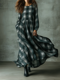 Women's Vintage Maxi Dress in Dark Green Plaid Cotton Blend, Casual
