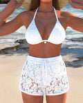 Women's Elegant Solid Color Lace Bikini Set