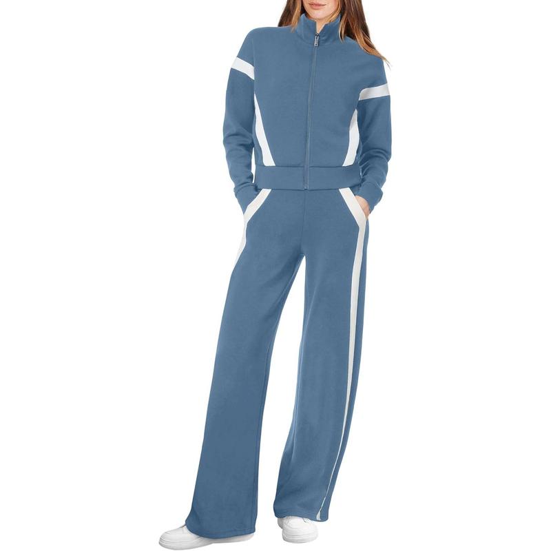 Women’s Zip-Up Sporty Sweatsuit with Flattering Wide-Leg Pants Set