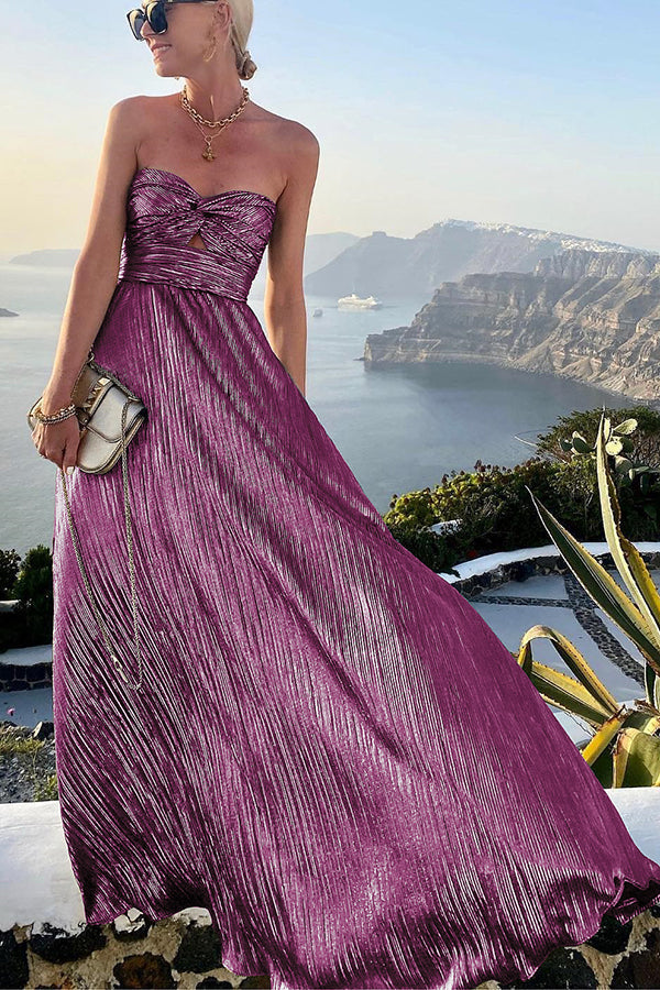 Celeste Women’s Strapless A-Line Evening Gown with Elegant Pleated Metallic Finish