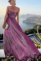 Celeste Women’s Strapless A-Line Evening Gown with Elegant Pleated Metallic Finish