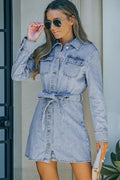 Women's Belted Denim Shirt Dress with Button-Down Front and Collared