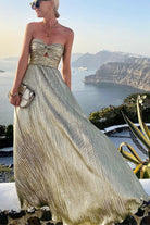 Celeste Women’s Strapless A-Line Evening Gown with Elegant Pleated Metallic Finish