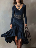 Women's Navy Blue Asymmetric Maxi Dress in Faux Suede with Belt and V