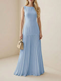 Women’s Sleeveless Pleated Maxi Dress – Elegant Boat Neck Flowing Evening Dress