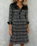 Women's Chic Patchwork & Houndstooth Long-Sleeve Dress