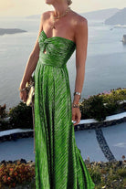 Celeste Women’s Strapless A-Line Evening Gown with Elegant Pleated Metallic Finish