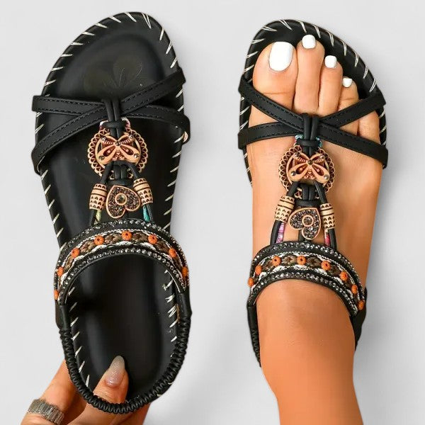 Women's Beaded T-Strap Flat Sandals