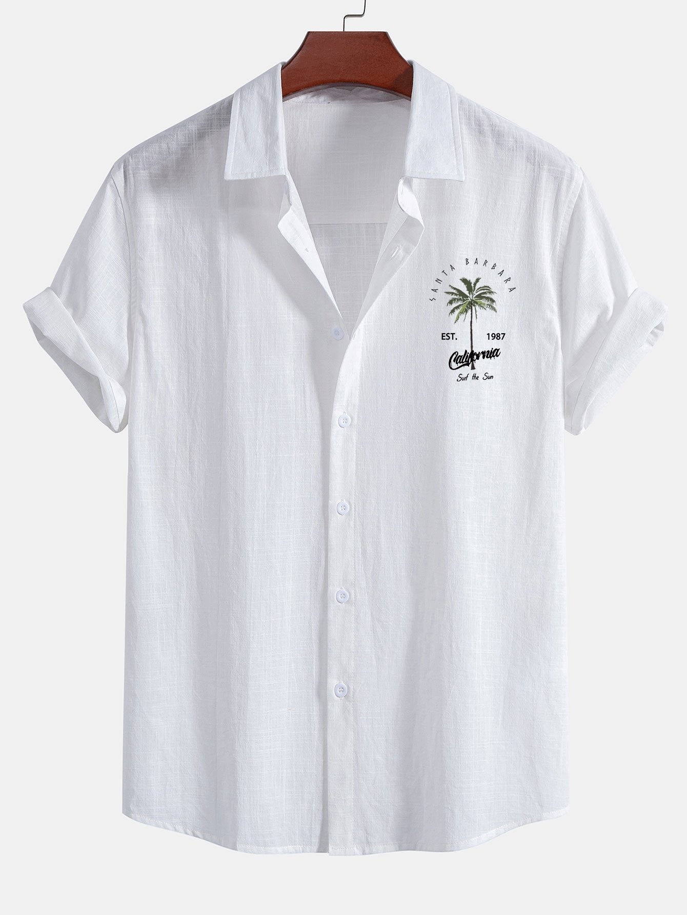 California Palm Tree Print Linen-Look Cotton Button-Up Shirt & Swim Shorts Set