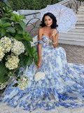 Women's Maxi Organza Dress with Floral Print and Bow Straps