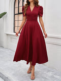 Women's Elegant V-Neck Midi Dress with Puff Sleeves and a Flattering