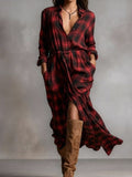 Women's Red Plaid Maxi Dress with Button-Down Collar
