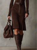 Women's Vintage brown midi dress with zipper and elegant belt (belt