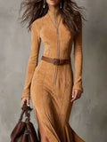 Women's Elegant Vintage Camel Zipper Maxi Dress with Belt for a Chic