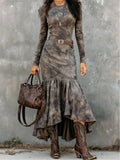 Women's Vintage Long Polyester Dress with Flared Hem and Belt for an